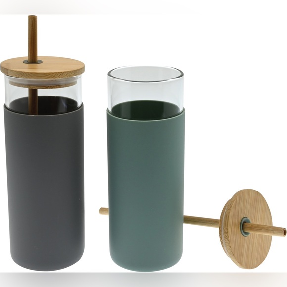 Glass Tumbler Set 16 Oz Sage & Gray Bamboo Lids With Straws Silicone Sleeves - Picture 2 of 8